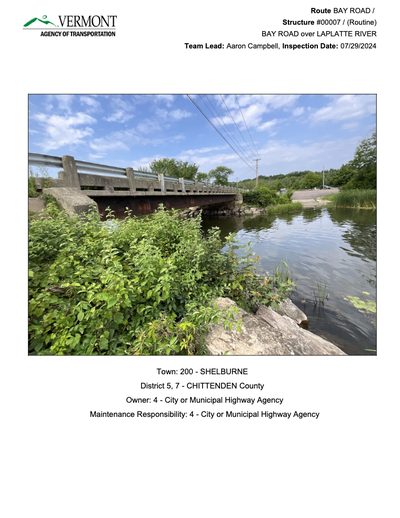 VTrans routine bridge inspection, Bay Road over the LaPlatte River, July 2024