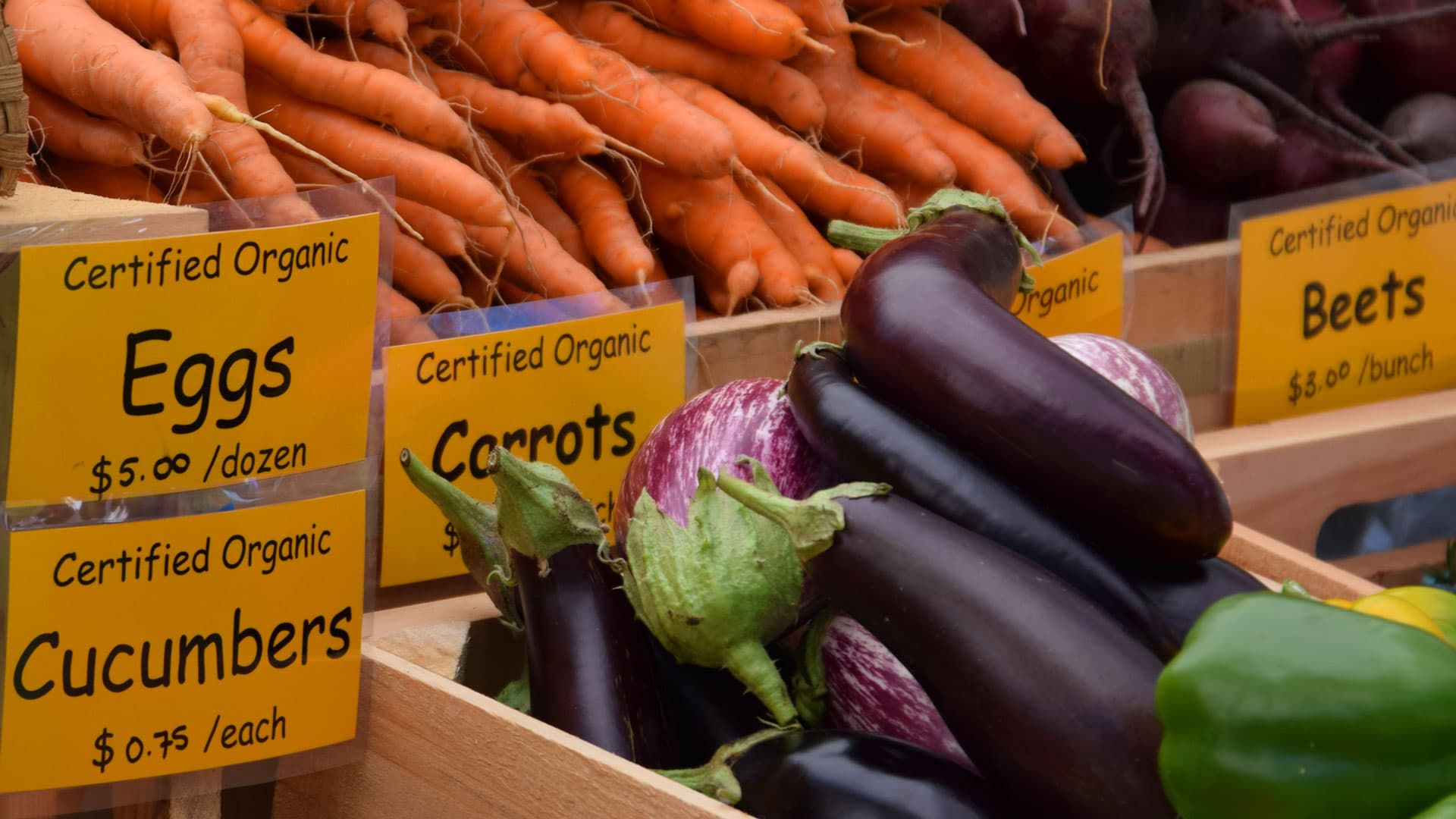 Organic vegetables with price signs at the farmers market